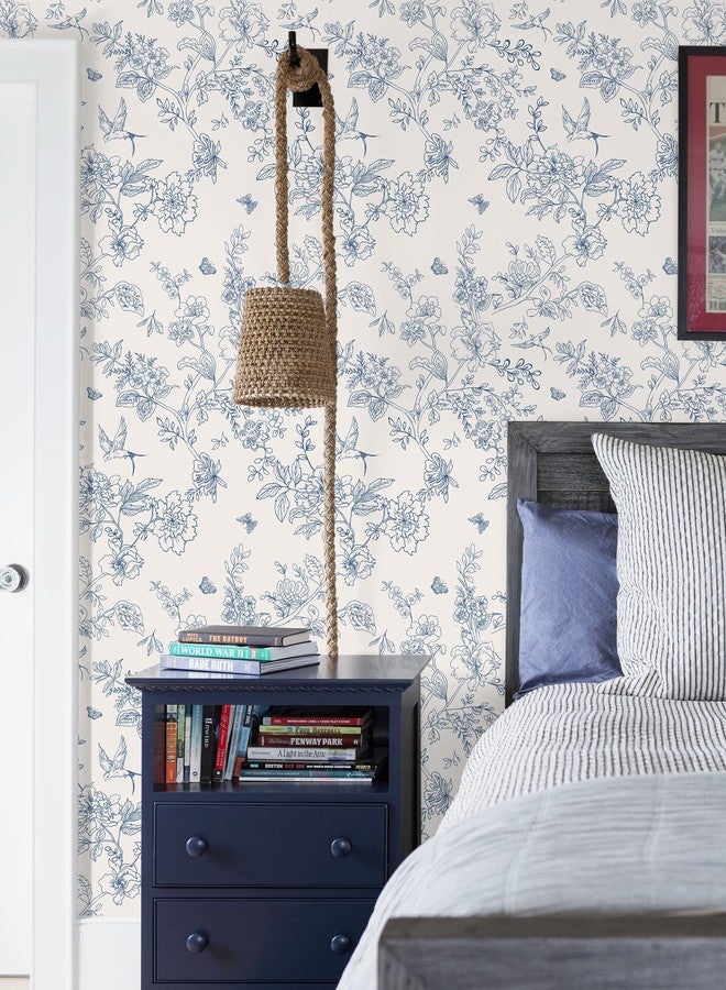 Froluya Cream White and Blue Floral Wallpaper Peel and Stick Wallpaper 17.7"x196.8" Vintage Floral Peel and Stick Wall Paper Removable Boho Self Adhesive Contact Paper for Bedroom Bathroom Vinyl - Image 5