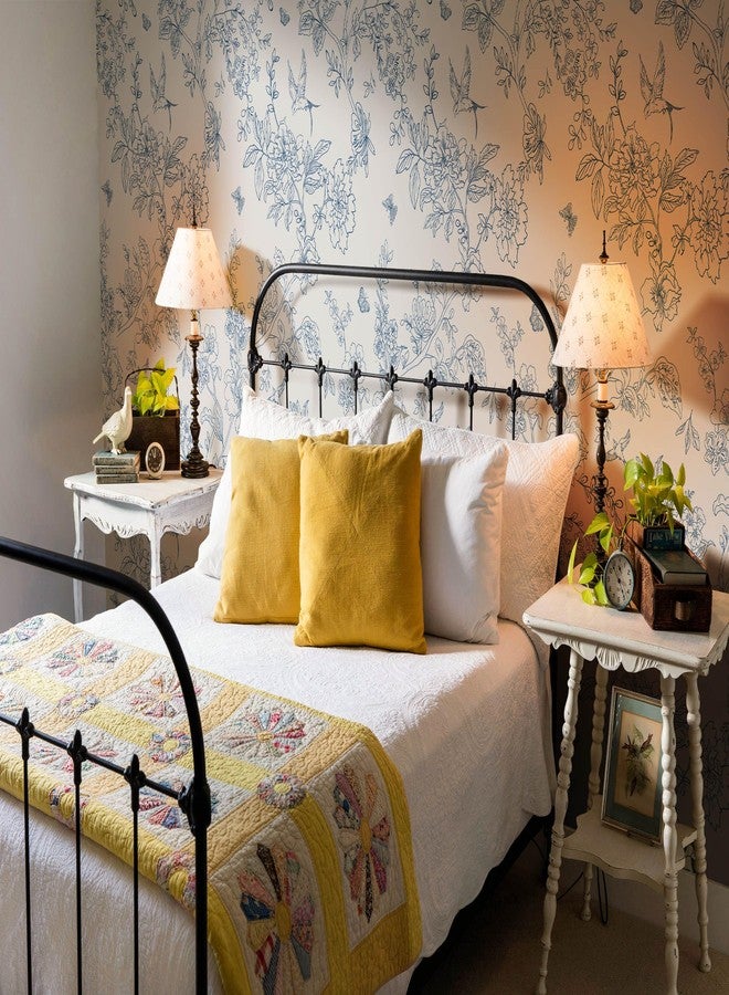 Froluya Cream White and Blue Floral Wallpaper Peel and Stick Wallpaper 17.7"x196.8" Vintage Floral Peel and Stick Wall Paper Removable Boho Self Adhesive Contact Paper for Bedroom Bathroom Vinyl - Image 4