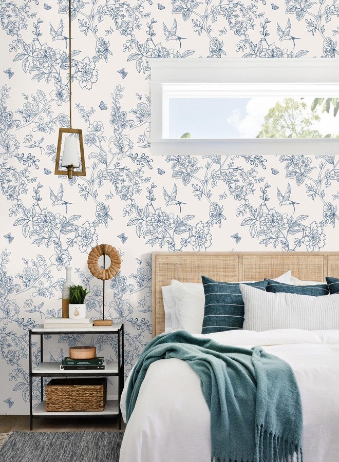 Froluya Cream White and Blue Floral Wallpaper Peel and Stick Wallpaper 17.7"x196.8" Vintage Floral Peel and Stick Wall Paper Removable Boho Self Adhesive Contact Paper for Bedroom Bathroom Vinyl - Image 3