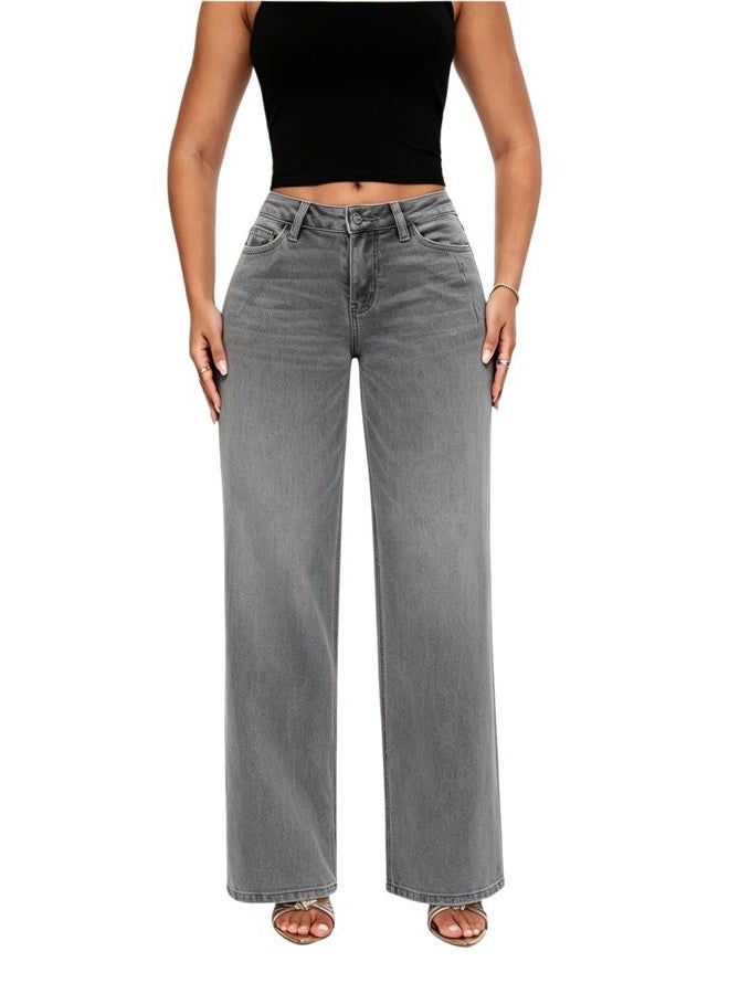 ONESO Mid-Low Rise Baggy Jeans Wide Leg for Women Distressed Pants Stretchy Bottom Lady Basic Comfortable Denim, Grey, 32 - Image 1