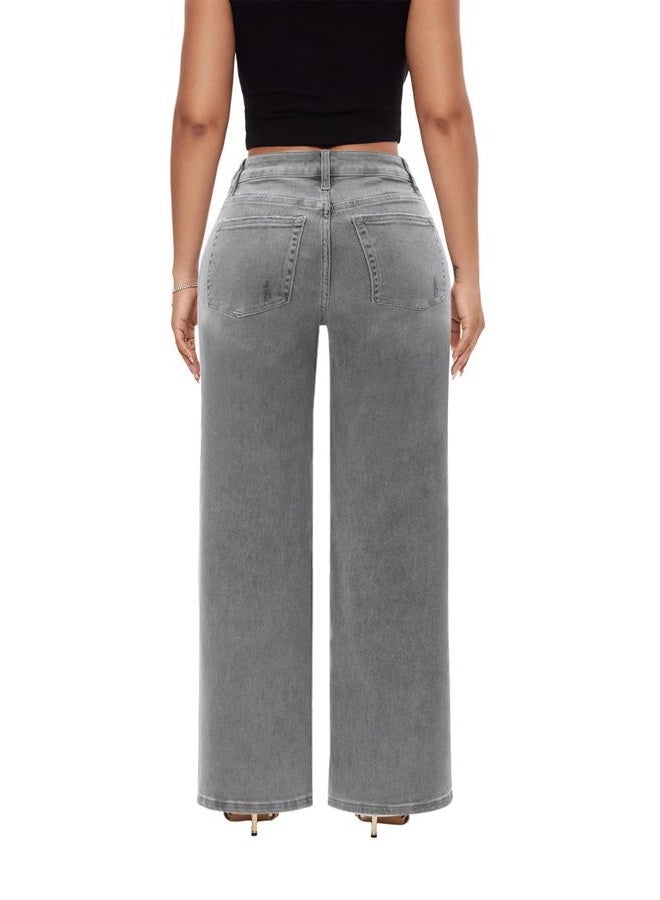 ONESO Mid-Low Rise Baggy Jeans Wide Leg for Women Distressed Pants Stretchy Bottom Lady Basic Comfortable Denim, Grey, 32 - Image 2