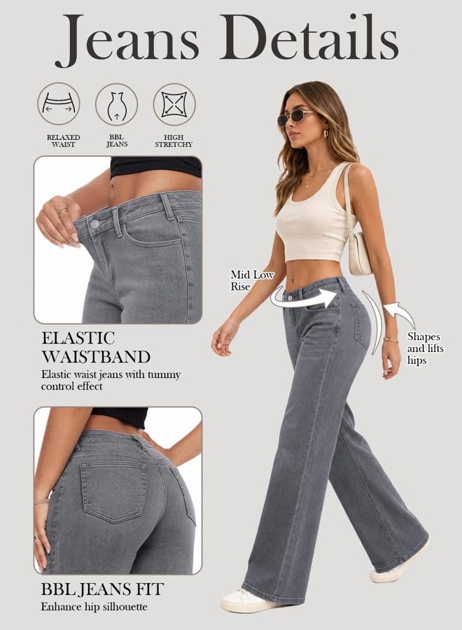 ONESO Mid-Low Rise Baggy Jeans Wide Leg for Women Distressed Pants Stretchy Bottom Lady Basic Comfortable Denim, Grey, 32 - Image 4
