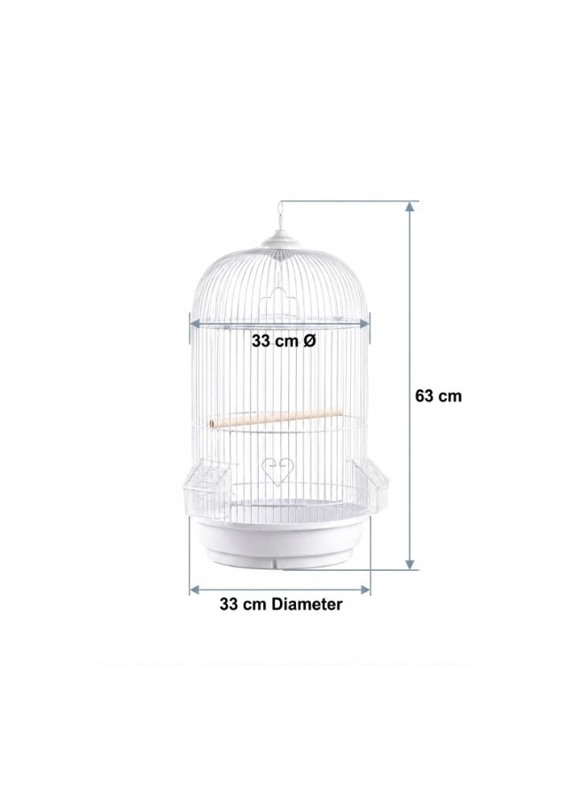 Dayang White Wire Round Bird Cage Dome Style Classic Bird Habitat with Wooden Perch, External Feeders and Removable Plastic Base (33 cm Diameter x 63 cm Height) - Image 2