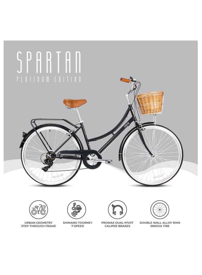 Spartan Platinum Women’s 24” City Bicycle | Stylish Vintage Retro Design, Lightweight Frame, Shimano 1x7 Speed Gear System, 24-Inch Wheels, Dual Rim Brakes, Basket & Rear Carrier | Urban Bicycle | Space Black | SP-3122-XS - Image 4
