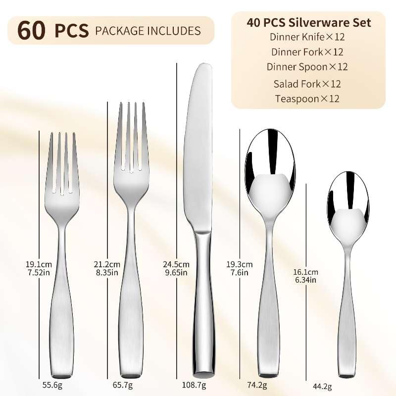 SuperCook 60-Piece 18/10 Stainless Steel Flatware Set for 12, Heavy Duty Silverware Set, High End Flatware, Dishwasher Safe, Ideal for New Home Essentials Gift - Image 2