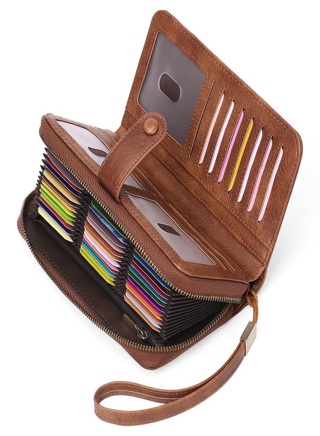 GAEKEAO Leather Credit Card Holder Wallet for Women RFID Blocking Large Capacity Bifold Zipper Card Case Organizer with Wristlet 45 Slots, Brown, Modern - Image 1
