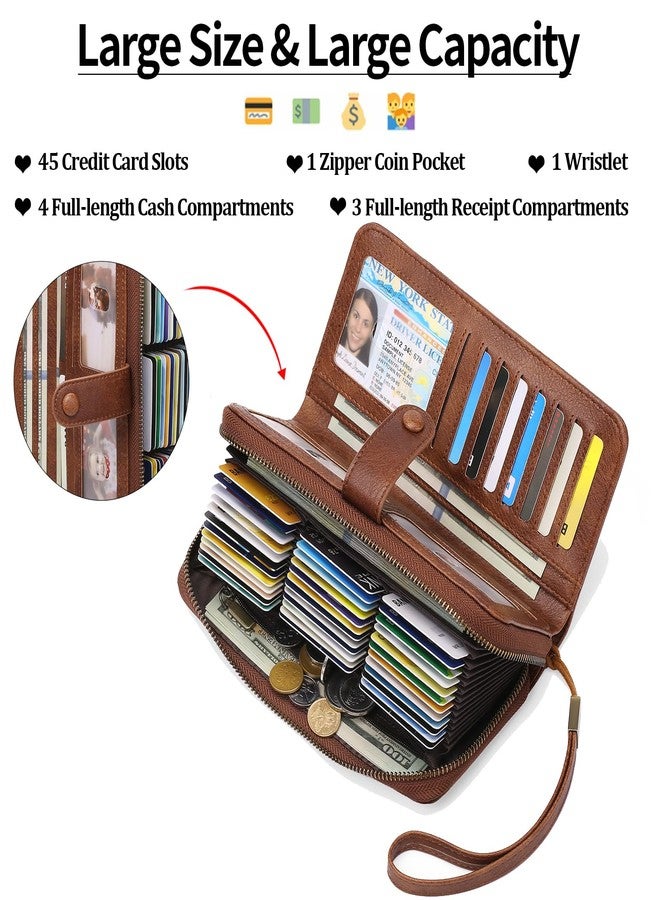 GAEKEAO Leather Credit Card Holder Wallet for Women RFID Blocking Large Capacity Bifold Zipper Card Case Organizer with Wristlet 45 Slots, Brown, Modern - Image 2