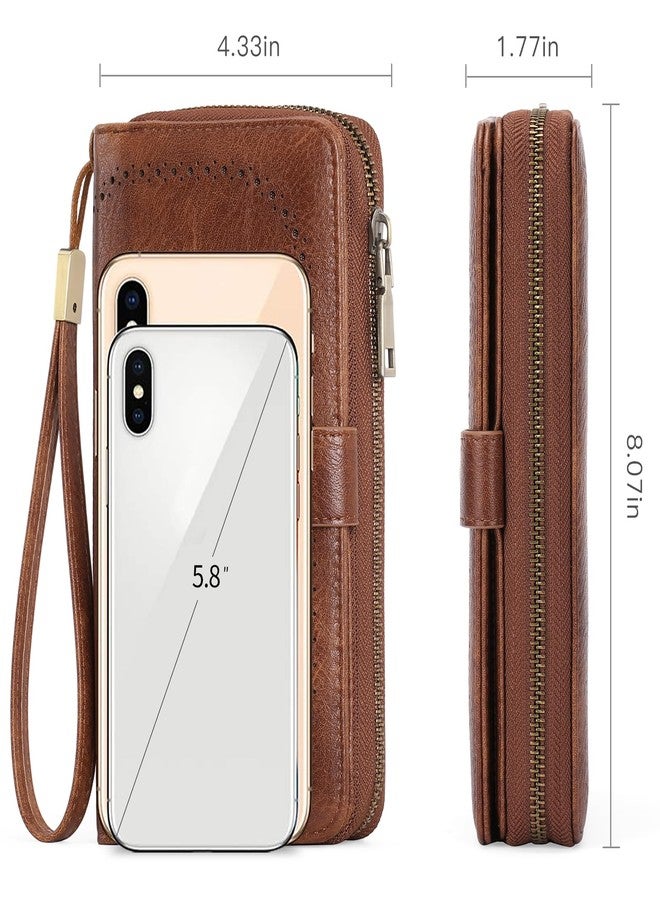 GAEKEAO Leather Credit Card Holder Wallet for Women RFID Blocking Large Capacity Bifold Zipper Card Case Organizer with Wristlet 45 Slots, Brown, Modern - Image 3