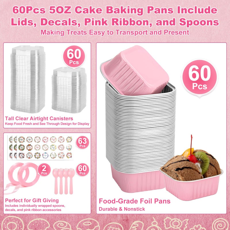 LifeisLuck 60 Pack Mini Cake Pans with Lids and Spoons, 5oz Square Aluminum Foil Loaf Pans Pink Small Cake Tins Disposable Baking Pans Dessert Cupcake Cups with Ribbon Decals for Wedding Birthday Party Picnics - Image 2