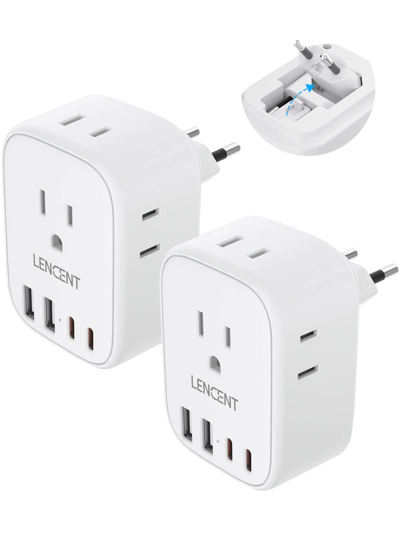 Lencent 2 Pack European Travel Plug Adapter, LENCENT US to Europe Type-C Foldable Power Plug with 4 Outlets 4 USB Ports (2 USB C), Power Adaptor for USA to EU Euro Iceland Spain Italy France Germany Greece - Image 1
