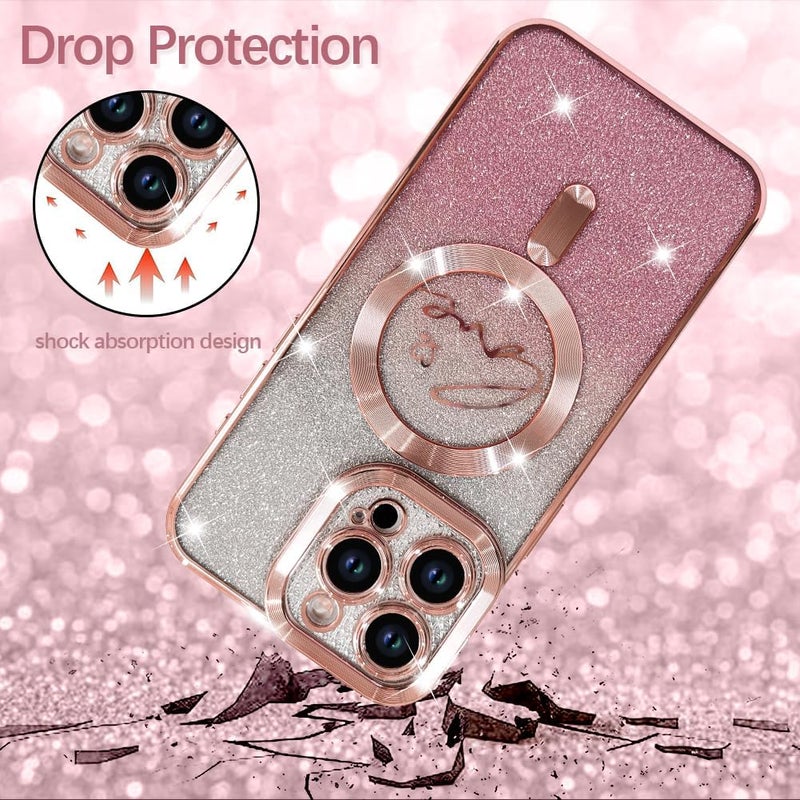ZIYE Magnetic Case Designed for iPhone 16 Glitter Case Luxury Plating Love Heart Compatible with MagSafe Clear Case with Camera Protector Protection Shockproof Cover for Women Girls-Pink - Image 3