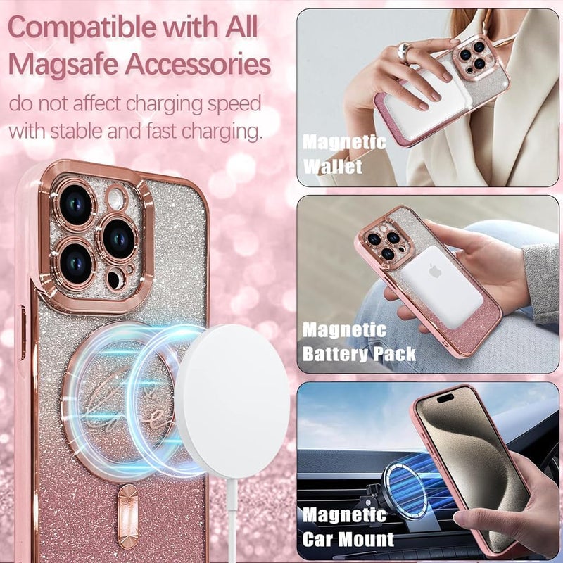 ZIYE Magnetic Case Designed for iPhone 16 Glitter Case Luxury Plating Love Heart Compatible with MagSafe Clear Case with Camera Protector Protection Shockproof Cover for Women Girls-Pink - Image 4