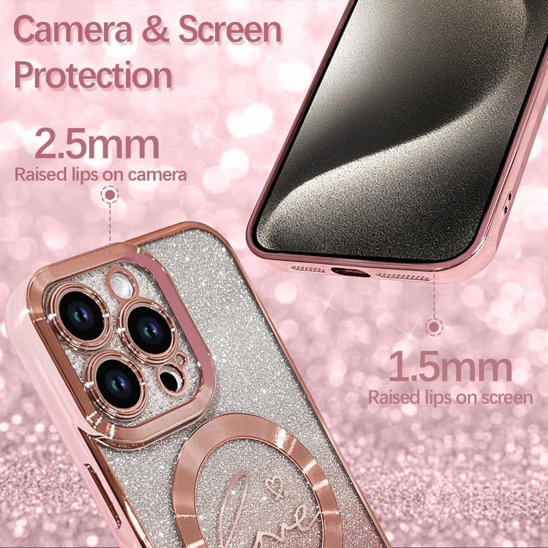 ZIYE Magnetic Case Designed for iPhone 16 Glitter Case Luxury Plating Love Heart Compatible with MagSafe Clear Case with Camera Protector Protection Shockproof Cover for Women Girls-Pink - Image 2