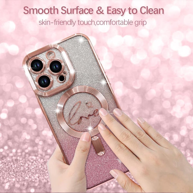 ZIYE Magnetic Case Designed for iPhone 16 Glitter Case Luxury Plating Love Heart Compatible with MagSafe Clear Case with Camera Protector Protection Shockproof Cover for Women Girls-Pink - Image 5