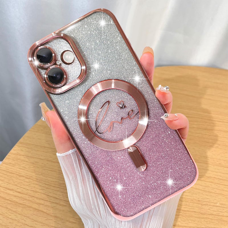 ZIYE Magnetic Case Designed for iPhone 16 Glitter Case Luxury Plating Love Heart Compatible with MagSafe Clear Case with Camera Protector Protection Shockproof Cover for Women Girls-Pink - Image 1