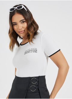 Styli Contrast Piping Round Neck Printed Bodysuit  - Image 3