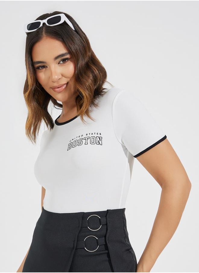 Styli Contrast Piping Round Neck Printed Bodysuit  - Image 3