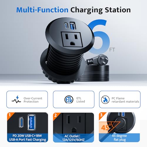 DOACE Recessed Power Grommet with 20W USB C Fast Charging, 2 inch Conference Recessed Outlet,Flush Mount for Desk,Office Tables,Furniture,6FT Cord, 45° Thin Flat Plug (Black, Grommet Outlet) - Image 5