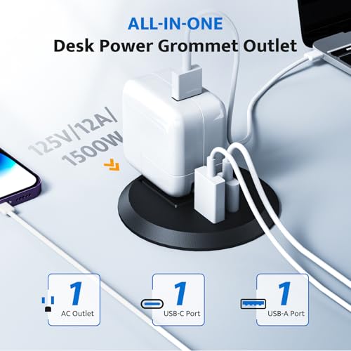 DOACE Recessed Power Grommet with 20W USB C Fast Charging, 2 inch Conference Recessed Outlet,Flush Mount for Desk,Office Tables,Furniture,6FT Cord, 45° Thin Flat Plug (Black, Grommet Outlet) - Image 2