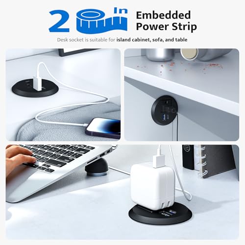 DOACE Recessed Power Grommet with 20W USB C Fast Charging, 2 inch Conference Recessed Outlet,Flush Mount for Desk,Office Tables,Furniture,6FT Cord, 45° Thin Flat Plug (Black, Grommet Outlet) - Image 4