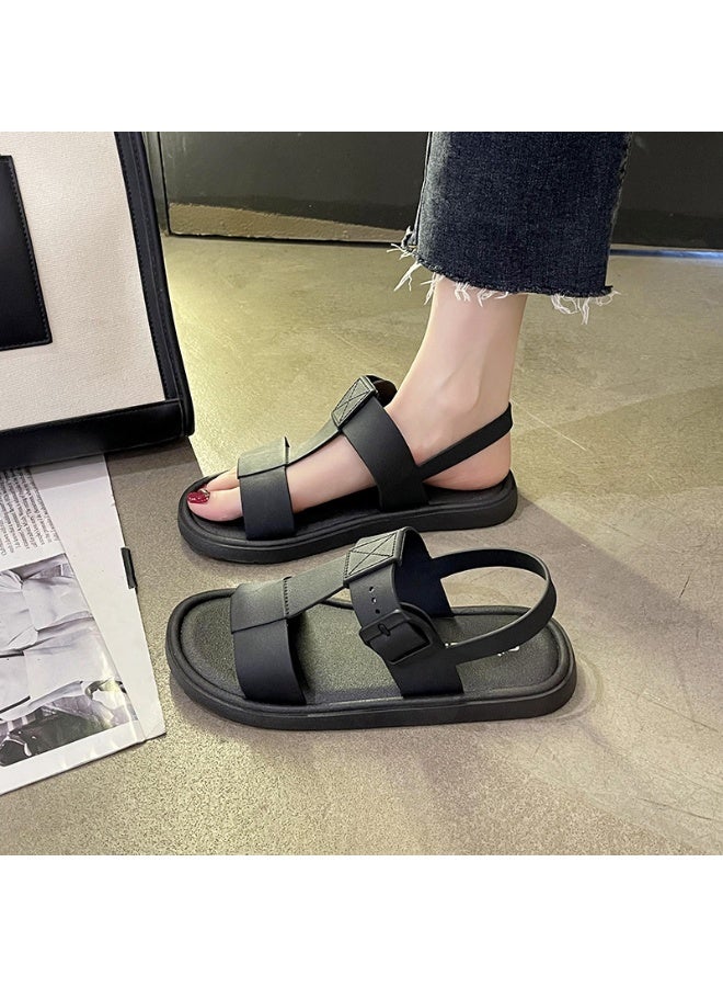 NIBEMINENT Women's Sandals Unique Casual Solid Color Work Shoe Flat Bottom Plain Strap Sandals - Image 1