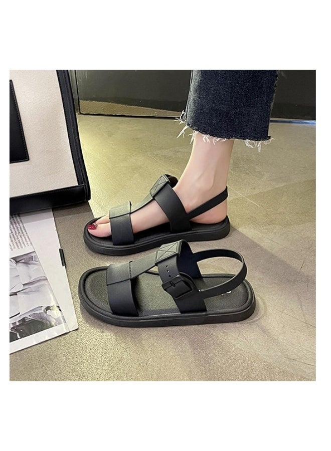 NIBEMINENT Women's Sandals Unique Casual Solid Color Work Shoe Flat Bottom Plain Strap Sandals - Image 2