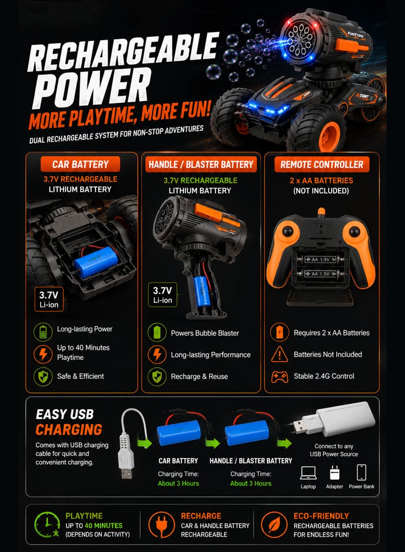 FUNSTERZ FUNZTERS 2-in-1 RC Bubble Stunt Car for Kids with Detachable Bubble Blaster Handle, Remote Control Bubble Spray Car with 360° Rotation Drift Stunts, LED Lights, Music Effects, Rechargeable Off-Road Monster Truck Toy for Boys & Girls Age 6+, 2.4G Wireless RC Bubble Vehicle with Bubble Solution, USB Charging & Anti-Skid Tires - Image 5
