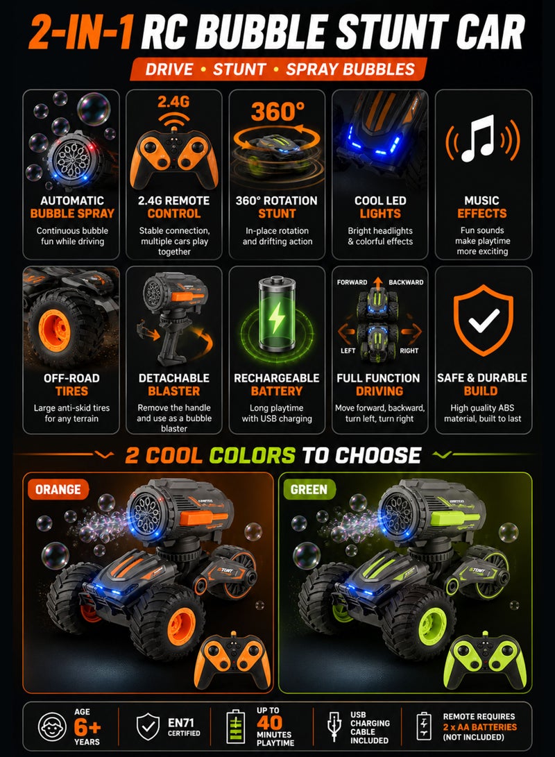 FUNSTERZ FUNZTERS 2-in-1 RC Bubble Stunt Car for Kids with Detachable Bubble Blaster Handle, Remote Control Bubble Spray Car with 360° Rotation Drift Stunts, LED Lights, Music Effects, Rechargeable Off-Road Monster Truck Toy for Boys & Girls Age 6+, 2.4G Wireless RC Bubble Vehicle with Bubble Solution, USB Charging & Anti-Skid Tires - Image 2
