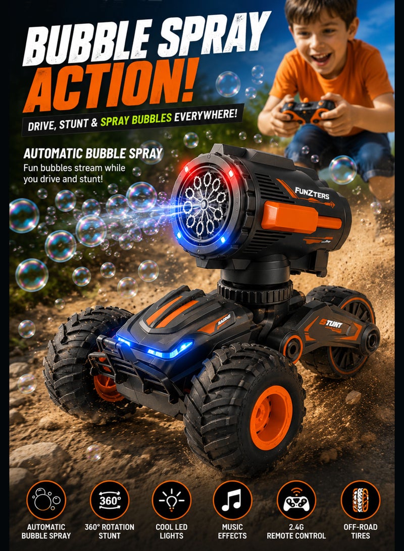 FUNSTERZ FUNZTERS 2-in-1 RC Bubble Stunt Car for Kids with Detachable Bubble Blaster Handle, Remote Control Bubble Spray Car with 360° Rotation Drift Stunts, LED Lights, Music Effects, Rechargeable Off-Road Monster Truck Toy for Boys & Girls Age 6+, 2.4G Wireless RC Bubble Vehicle with Bubble Solution, USB Charging & Anti-Skid Tires - Image 4