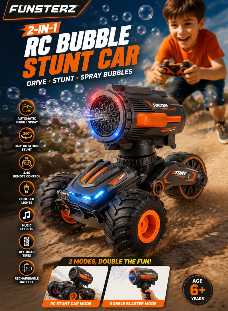 FUNSTERZ FUNZTERS 2-in-1 RC Bubble Stunt Car for Kids with Detachable Bubble Blaster Handle, Remote Control Bubble Spray Car with 360° Rotation Drift Stunts, LED Lights, Music Effects, Rechargeable Off-Road Monster Truck Toy for Boys & Girls Age 6+, 2.4G Wireless RC Bubble Vehicle with Bubble Solution, USB Charging & Anti-Skid Tires - Image 1