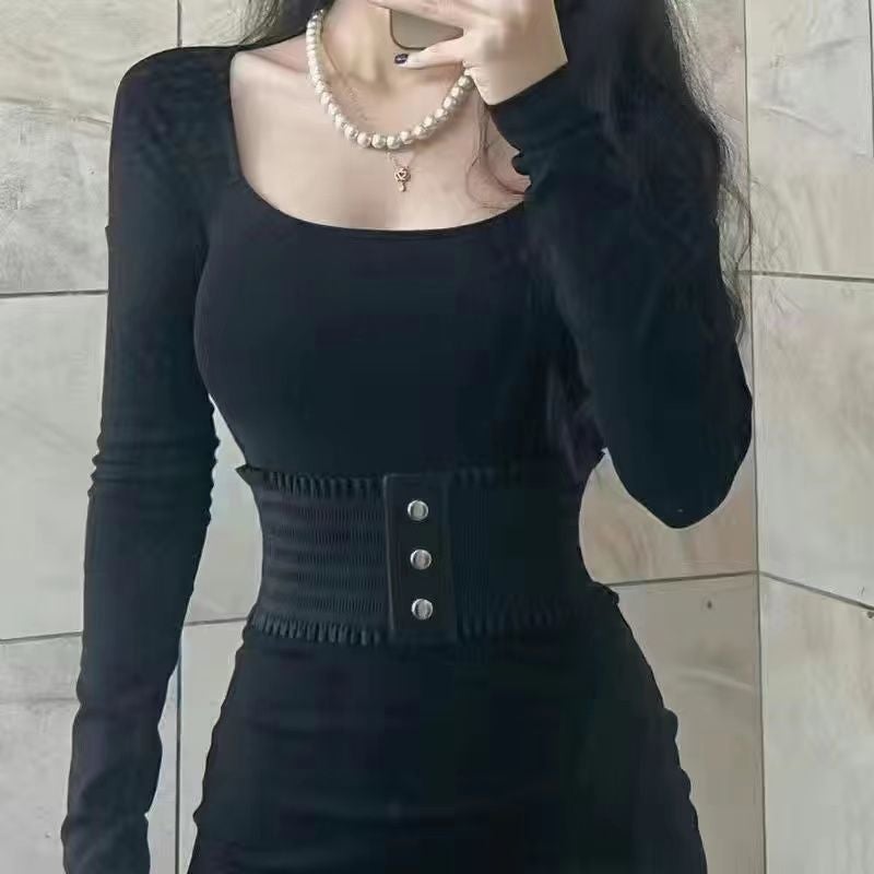 Winter Vintage V-neck Slim-fit Bottoming Knitted dress Womens Inner Sweater Hip Wrapping Skirt Long Sweater Waistband - Image 1