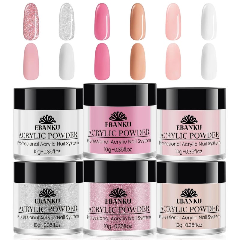 EBANKU Pink Acrylic Powder Set 6 Colors Jelly Nude Glitter White Nail Extension Acrylic Powder for French Nail Carving 6  10g035oz - Image 1