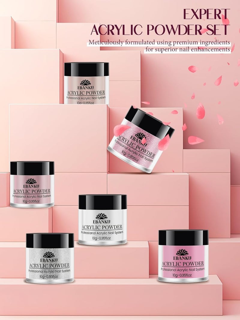 EBANKU Pink Acrylic Powder Set 6 Colors Jelly Nude Glitter White Nail Extension Acrylic Powder for French Nail Carving 6  10g035oz - Image 5