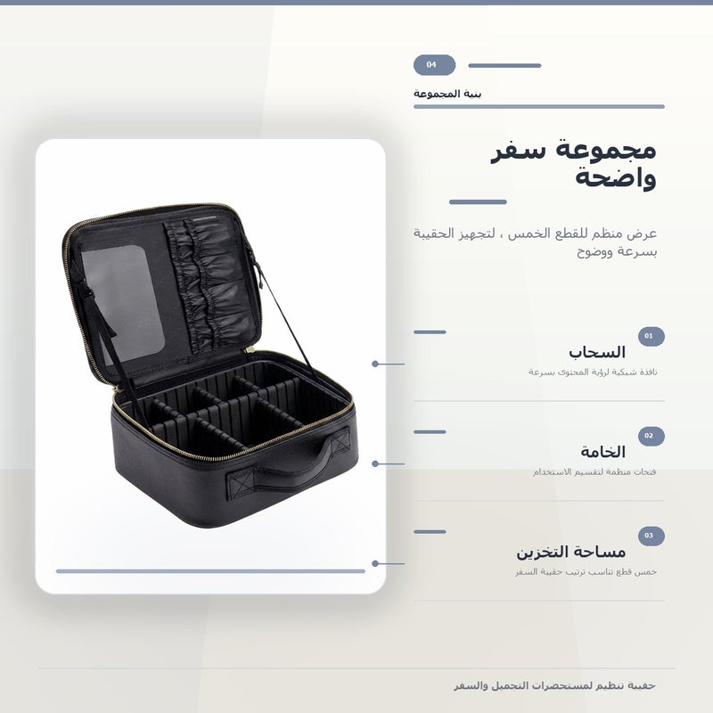 حقيبة تنظيم مستحضرات التجميل بسعة كبيرة وتنظيم عملي لـ المكياج وأدوات التجميل والتخزين اليومي أثناء السفر باللون أسود منظم - Image 5