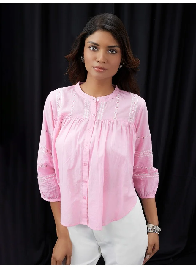 globus Globus Women Pink Embroidered Mandarin Collar Gathered & Pleated Detail Shirt Style Top