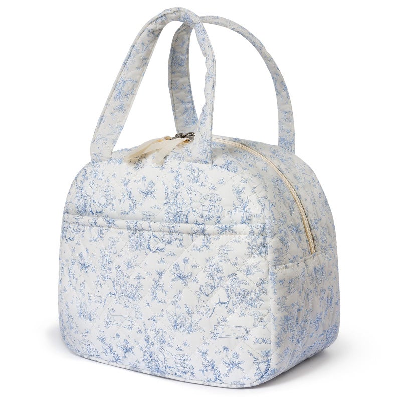 WOBAGMEN Quilted Lunch Box for Women,Lunch Box for Teen Girls,Cute Floral Lunch Bags for Work, School,Office,Picnic,Travel (blue floral rabbit) - Image 1