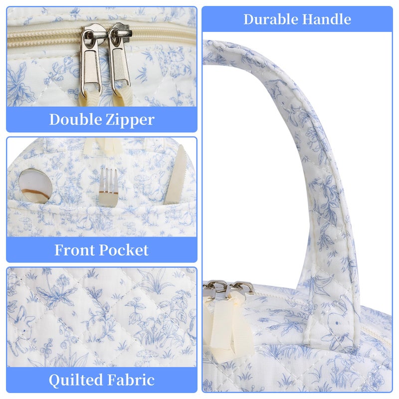 WOBAGMEN Quilted Lunch Box for Women,Lunch Box for Teen Girls,Cute Floral Lunch Bags for Work, School,Office,Picnic,Travel (blue floral rabbit) - Image 4