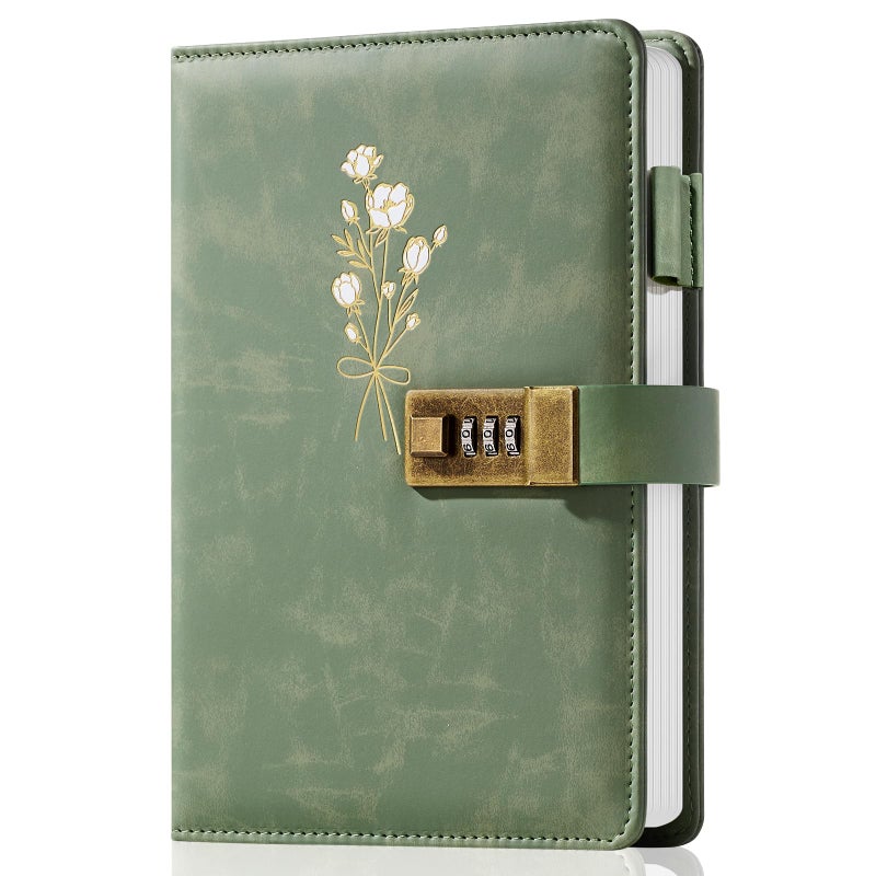 Ovesmusl Diary with Lock for Girls A5 Leather Diary for Women 260 Pages 100 GSM Refillable Journal with Lock for Teens Secrets Flower Journals with Combination Passwords, 5.7"x8.3", Green - Image 1