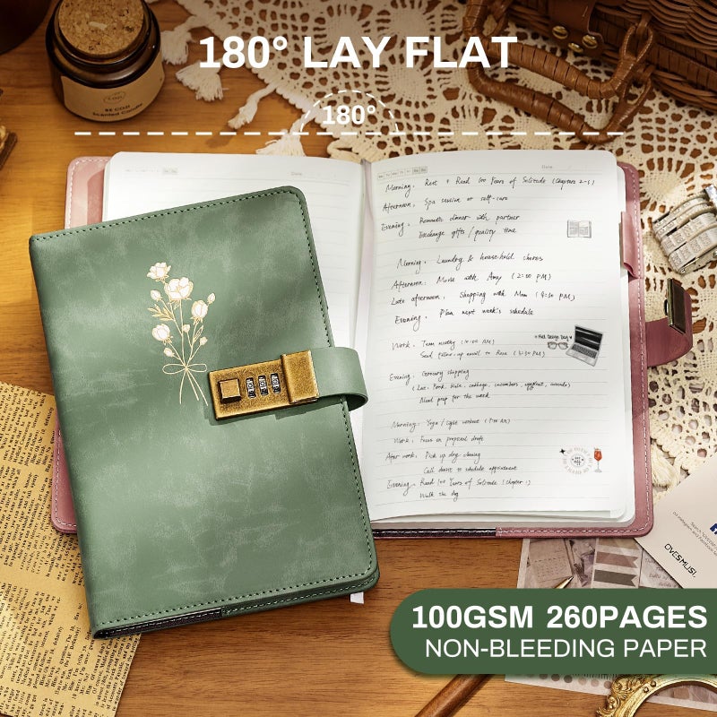 Ovesmusl Diary with Lock for Girls A5 Leather Diary for Women 260 Pages 100 GSM Refillable Journal with Lock for Teens Secrets Flower Journals with Combination Passwords, 5.7"x8.3", Green - Image 4