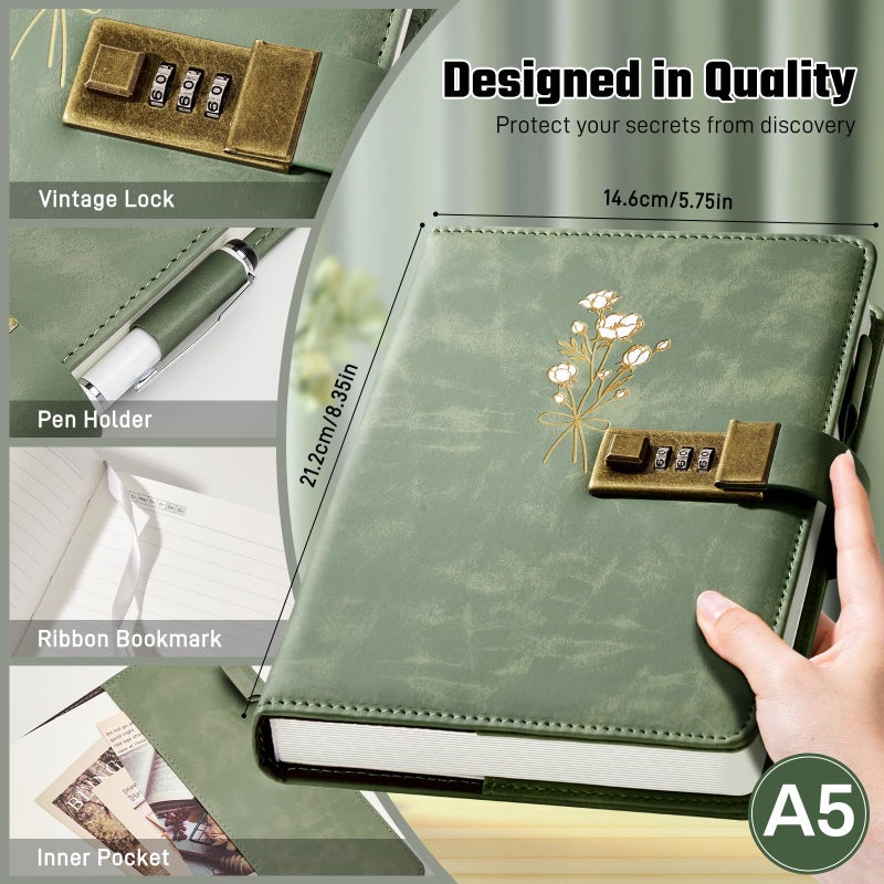 Ovesmusl Diary with Lock for Girls A5 Leather Diary for Women 260 Pages 100 GSM Refillable Journal with Lock for Teens Secrets Flower Journals with Combination Passwords, 5.7"x8.3", Green - Image 3