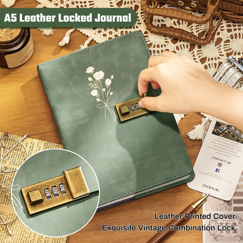 Ovesmusl Diary with Lock for Girls A5 Leather Diary for Women 260 Pages 100 GSM Refillable Journal with Lock for Teens Secrets Flower Journals with Combination Passwords, 5.7"x8.3", Green - Image 5
