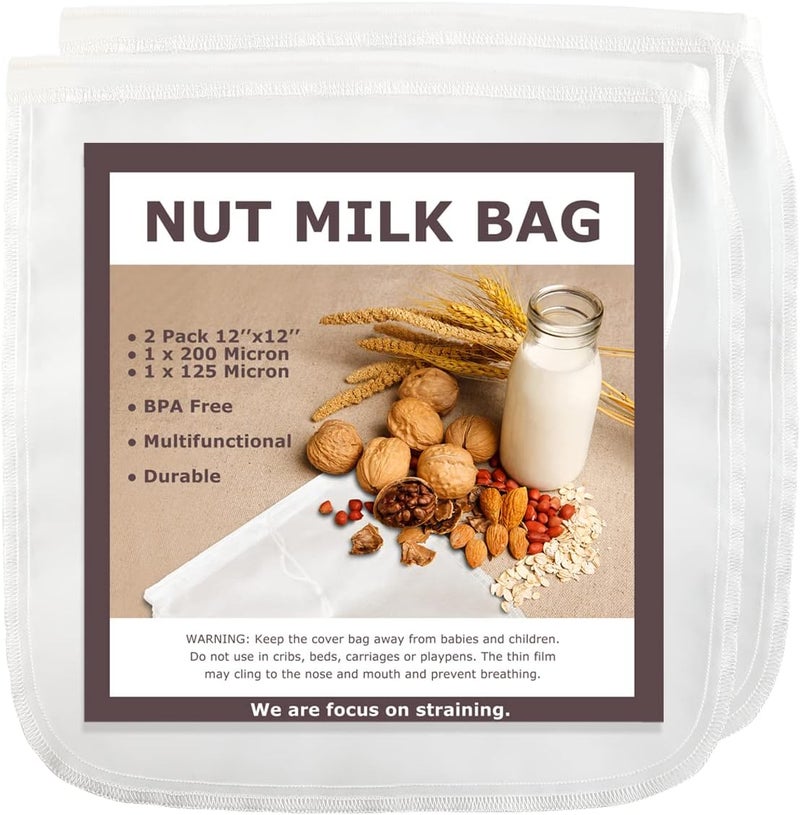 SCENGCLOS Nut Milk Bags, 12"x12", 2 Pack, Reusable Nylon Food Strainer, Multi-use Food Grade Filter for Almond Milk, Juice, Tea, Cold Brew Coffee(1x200 Micron & 1x125 Micron) - Image 1
