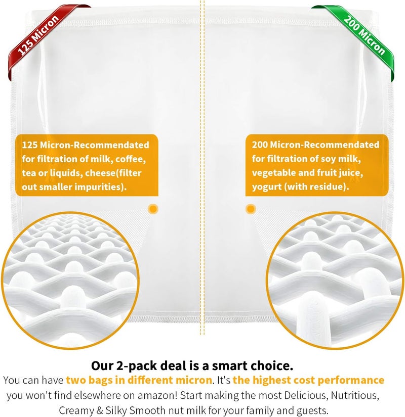 SCENGCLOS Nut Milk Bags, 12"x12", 2 Pack, Reusable Nylon Food Strainer, Multi-use Food Grade Filter for Almond Milk, Juice, Tea, Cold Brew Coffee(1x200 Micron & 1x125 Micron) - Image 2