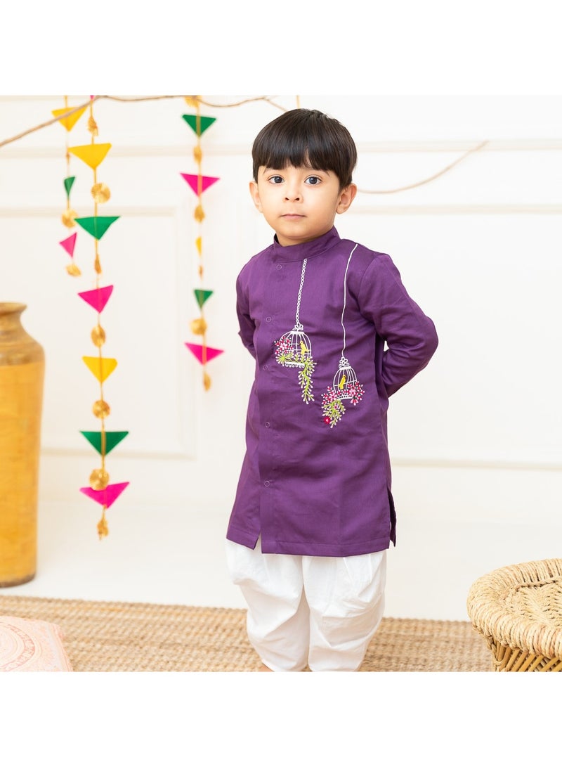 Keebee Organic Cotton Birdcages Embroidered Purple Kurta paired with Patiyala Pants
