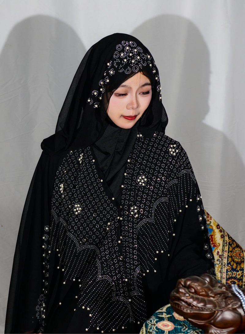 salaam-fashion Black Abaya with Hijab – Luxury Handcrafted Rhinestone Prayer Dress | Perfect for Ramadan, Hajj & Daily Worship | Comfortable & Skin-Friendly 140cm*140cm - Image 1