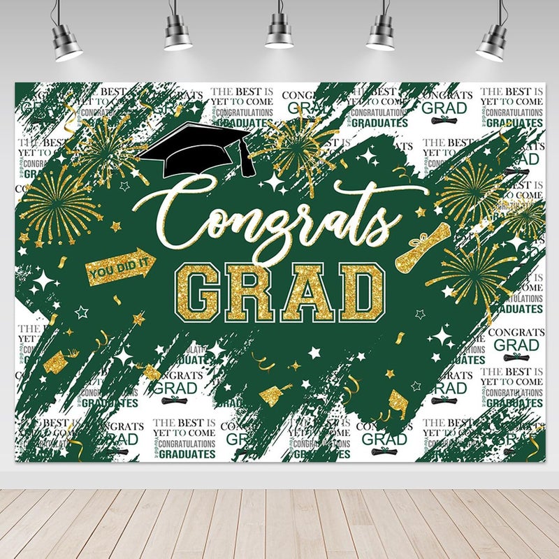 Mocsicka Graduation Backdrop Congrats Grad Green and Gold Graduate Party Decorations Background Class of 2025 Photography Backdrops (10x8ft) - Image 1