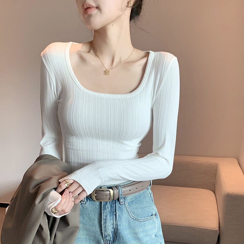 New Large U-Neck T-Shirt Women's Base Layer Long Sleeve Top Low-Cut Slim Fit Spring Style