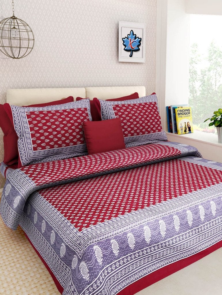 EarlyMart 144 TC 100 Cotton Rajasthani Jaipuri Traditional 1 Double Bedsheet with 2 Pillow Covers Mahroon - Image 1