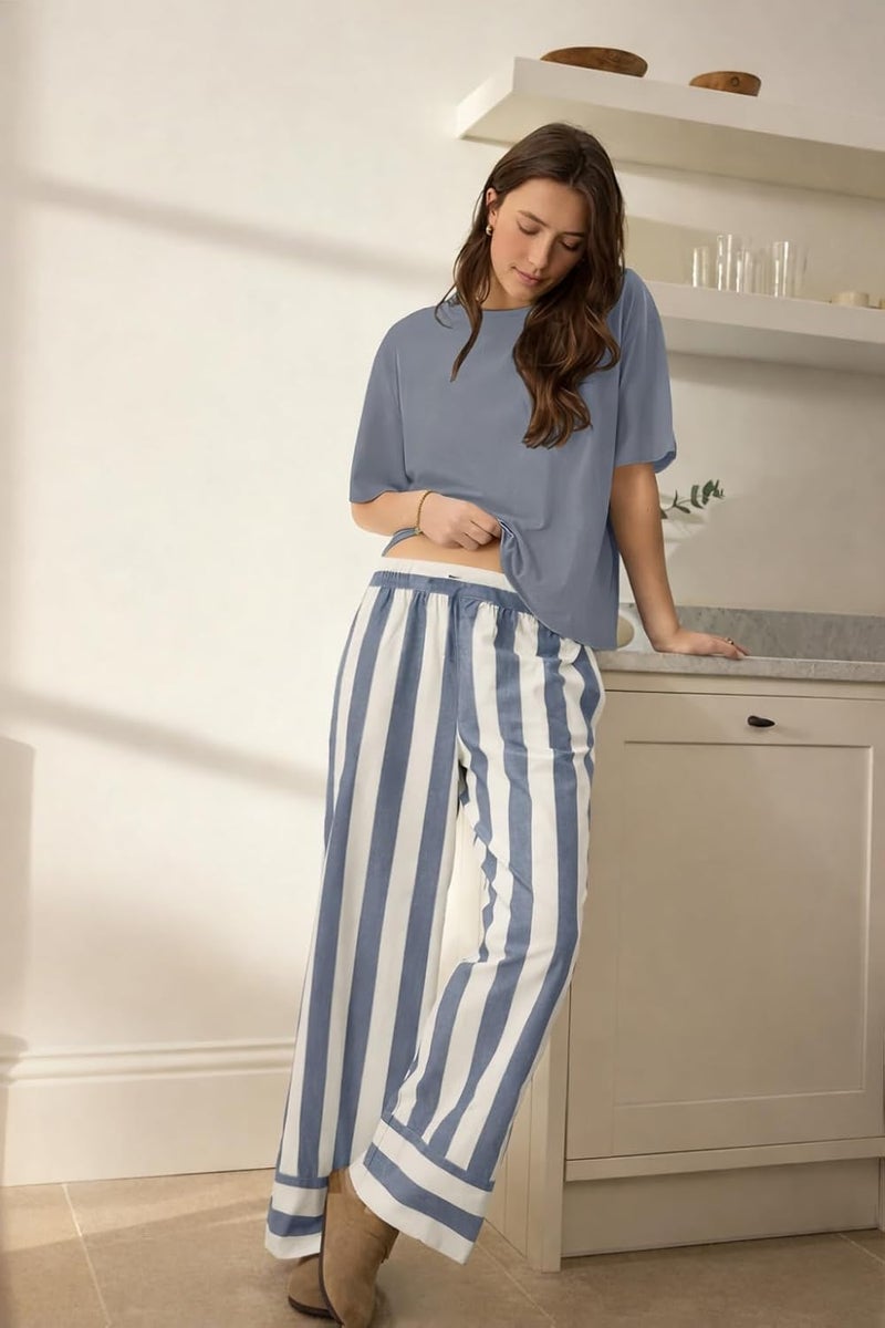 Celary Women’s Cotton Blend Lounge Set | Half Sleeve Relaxed Fit Top with Striped Wide Leg Pants | Soft & Breathable Night Suit - Image 2