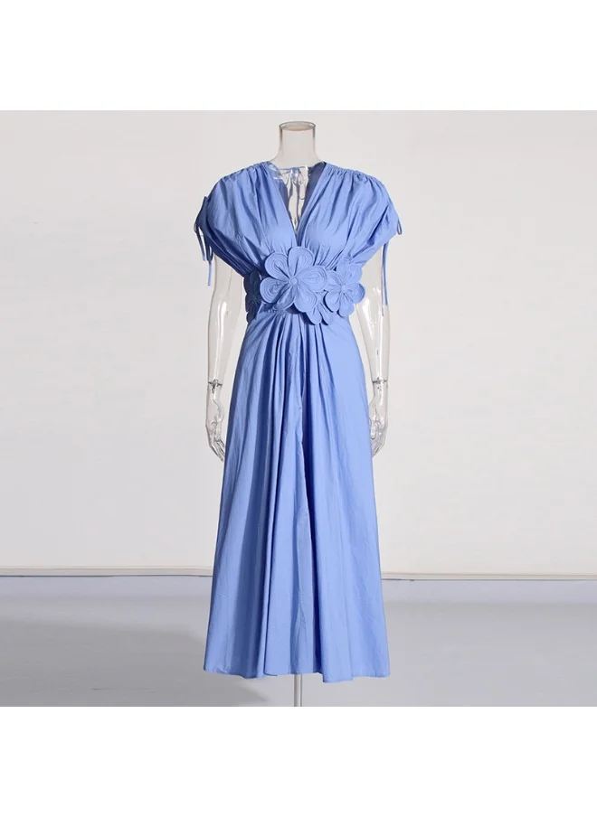 Madam Uniq French Elegant Vintage V-Neck A-Line Dress with Floral Embroidery - Women's High Waist Cotton Dress